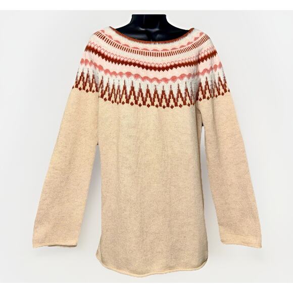 Sundance Fair Isle Medium Cotton Wool Sweater Cream Pink Brown Fuzzy Wide Neck - Picture 1 of 6